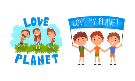 Kids Love Planet Set, Cute Boys and Girls Taking Care about Ecology of Earth Planet Vector Illustrationのイラスト素材