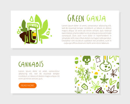 Medical Cannabis Landing Page Template, Hemp Products, Green Ganja Web Banner. Flyer with Text Vector Illustrationのイラスト素材