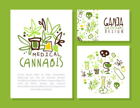 Medical Cannabis Card Templates Set, Hemp Products Flyer, Card, Brochure Template Design Vector Illustrationのイラスト素材
