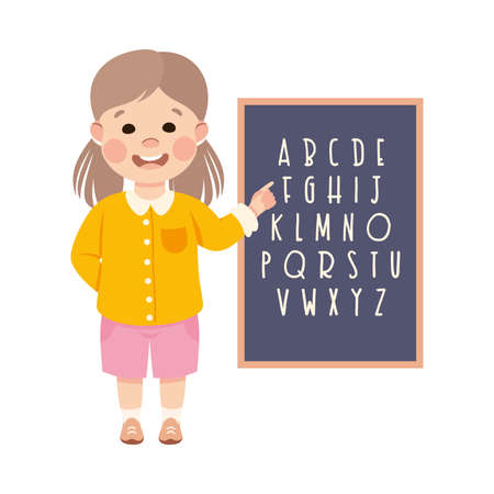 Cute Girls Learning Alphabet, Elementary School Student Standing at Blackboard, Kids Education Concept Cartoon Vector Illustrationのイラスト素材