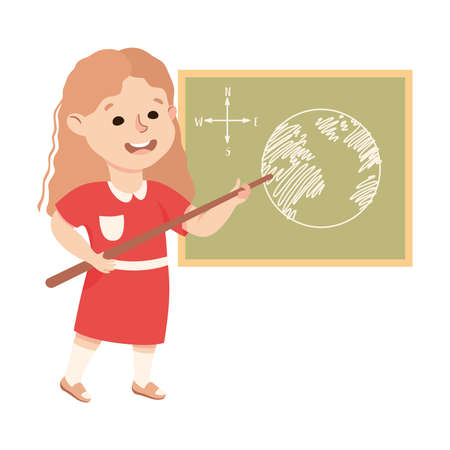 Cute Girl Having Geography Lesson, Elementary School Student Standing at Blackboard with Earth Map, Kids Education Concept Cartoon Vector Illustrationのイラスト素材
