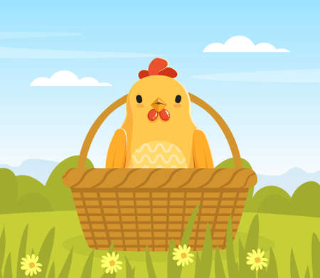 Cute Yellow Chicken Sitting in Wicker Basket on Spring or Summer Landscape Vector Illustrationのイラスト素材