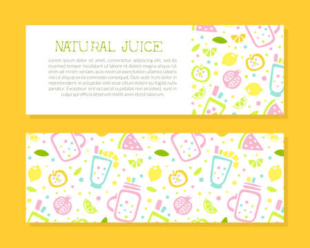 Natural Juice Horizontal Banner Template with Text, Flyer, Card, Packaging Design with Tropical Fruits and Refreshing Summer Drinks Seamless Pattern Hand Drawn Vector Illustrationのイラスト素材