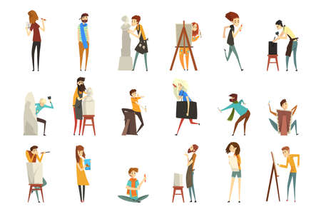 People of Creative Professions Set, Sculptor, Painter, Craftsman, Artistic People Characters Cartoon Vector Illustrationのイラスト素材