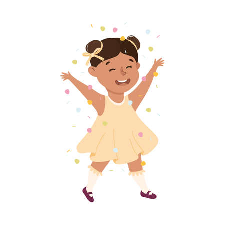 Cute Girl Playing Confetti, Adorable Kid Leisure Activity Concept Cartoon Vector Illustrationのイラスト素材