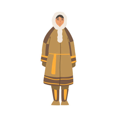 Polar Girl Character, North People Wearing Warm Traditional Eskimos Clothing Cartoon Vector Illustrationのイラスト素材