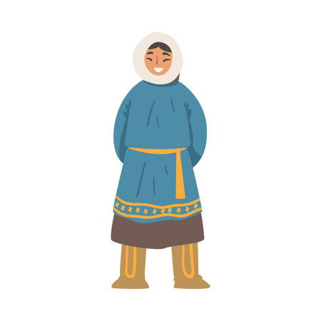 Cheerful Polar Girl Character, North Child in Traditional Eskimos Clothing Cartoon Vector Illustrationのイラスト素材