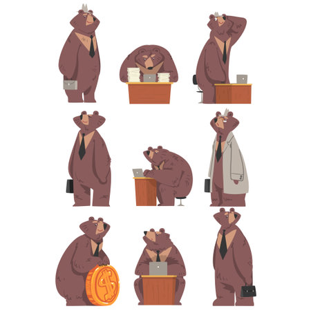 Bear Businessman Working in Office Set, Humanized Brown Animal Characters in Action Cartoon Vector Illustrationのイラスト素材