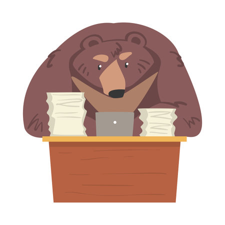 Overworked Bear Businessman Working on Laptop Computer, Humanized Brown Animal Character in Business Suit Cartoon Vector Illustrationのイラスト素材