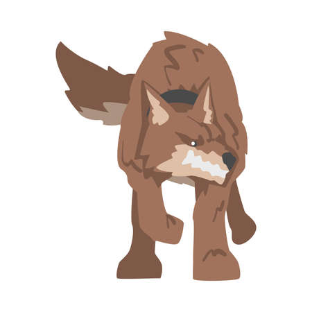 Aggressive Brown Dog Baring its Teeth Standing in Fighting Pose Vector Illustrationのイラスト素材
