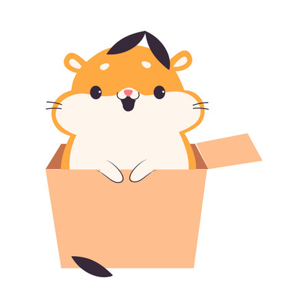 Cute Hamster Sitting in Cardboard Box, Adorable Funny Pet Animal Character Cartoon Vector Illustrationのイラスト素材