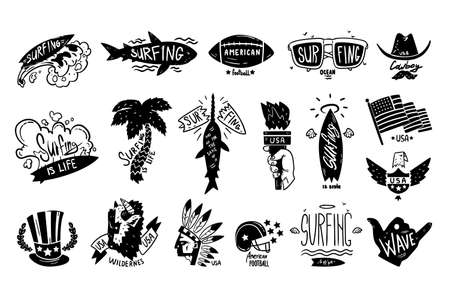 Surfing Black Retro Labels Set, USA Wilderness, American Football Badges Vector Illustrationのイラスト素材