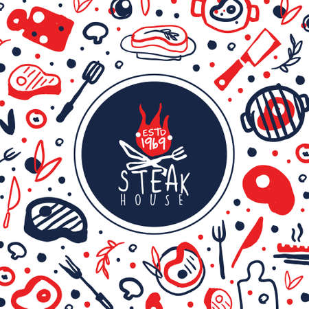 Steak House Banner Template with Meat Products Seamless Pattern Vector Illustrationのイラスト素材