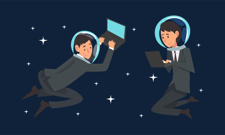 Business Man Character in Suit with Laptop and Astronaut Helmets Flying in Outer Space Among Stars Vector Setのイラスト素材