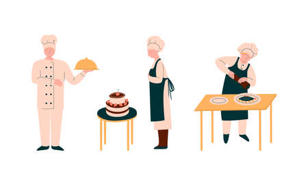 Chef Character in Apron and Toque Preparing Food at Restaurant Kitchen Vector Setのイラスト素材
