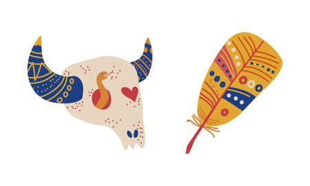 grid 28Tribal Ethnic Elements with Feather and Bull Skull Vector Setのイラスト素材