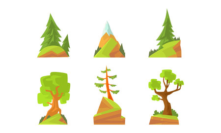 Green Forest Trees Set, Evergreen Pines and Fir Trees Cartoon Vector Illustrationのイラスト素材