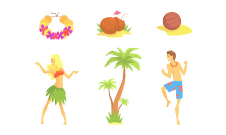 Hawaiian Party Objects Set, Symbols of Tropical Summer Holidays, Daning People, Cocktail, Palm Tree Cartoon Vector Illustrationのイラスト素材