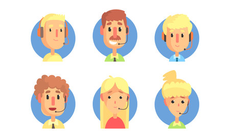 Call Center Operators Set, Customer Service Representatives Wearing Headsets Cartoon Vector Illustrationのイラスト素材