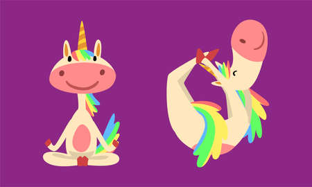 Funny Unicorn Character with Rainbow Mane and Tail Practicing Yoga Exercises Vector Setのイラスト素材