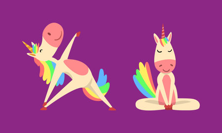 Funny Unicorn Character with Rainbow Mane and Tail Practicing Yoga Exercises Vector Setのイラスト素材