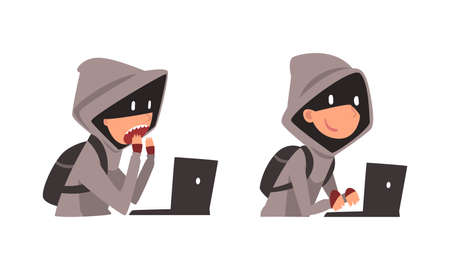 Hacker in Hoody and Mask Stealing Money Using Laptop Vector Setのイラスト素材