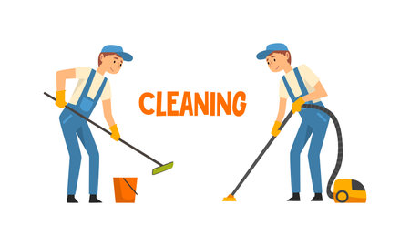 Cleaning Service with Man in Blue Overall and Rubber Gloves Working Mopping and Vacuuming Floor Vector Setのイラスト素材