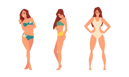 Young Woman in Swimsuit Having Slim Body Standing and Posing Vector Setのイラスト素材