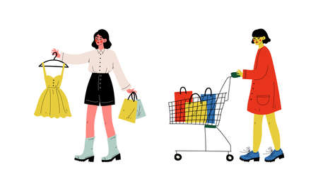 Woman with Shopping Bags Making Purchase in Shopping Mall Vector Setのイラスト素材