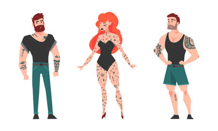 Tattooed or Inked Man and Woman in Standing Pose Vector Setのイラスト素材