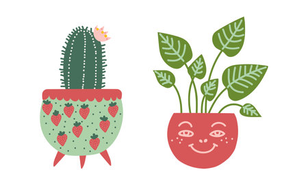Decorative Flower and Plant Growing in Ceramic Pot as Home Decor Vector Setのイラスト素材