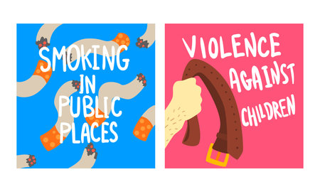 Social Problem Poster with Smoking in Public Place and Violence Against Children Vector Setのイラスト素材