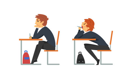 Boy Pupil or Student Sitting at Desk Having School Lesson Side View Vector Setのイラスト素材