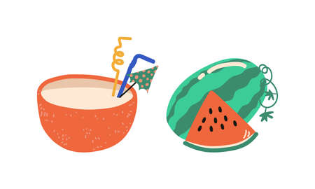 Summer Holiday and Beach Resort Symbols with Juicy Watermelon and Refreshing Cocktail Vector Set. Seasonal Vacation and Sea Shore Tourism Conceptのイラスト素材