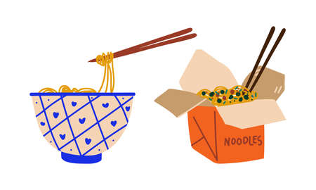 Stir-fried Prepared Udon Noodle Served in Carton Box and Bowl Vector Setのイラスト素材