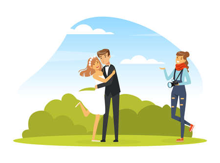 Woman Photographer Shooting Bridal Couple with Professional Camera in the Park Vector Illustrationのイラスト素材