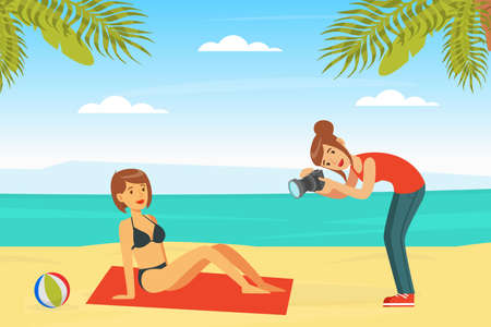 Woman in Swimsuit Posing in Front of Photographer with Professional Camera Vector Illustrationのイラスト素材