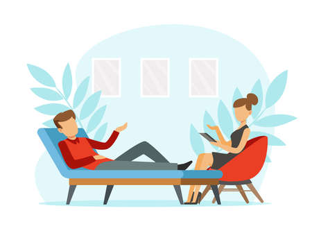 Man on Couch at Appointment with Psychologist Talking About His Problem Vector Illustrationのイラスト素材