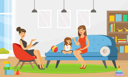 Woman Psychologist Talking with Mother and Crying Little Girl Vector Illustrationのイラスト素材