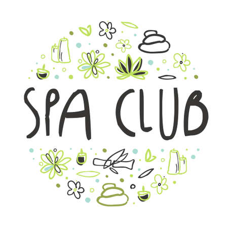 Spa and Beauty Hand Drawn Circle Arrangement Vector Template. Aromatherapy and Healthy Body Skin Treatment and Care Conceptのイラスト素材