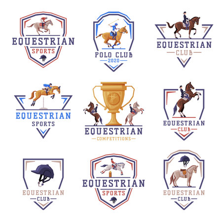 Equestrian Sports  Design Set, Jockey Racing with Thoroughbred Horse, Derby, Tournament Label, Emblem Vector Illustrationのイラスト素材