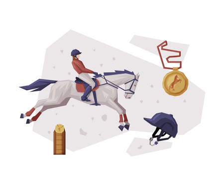 Jockey Jumping on Racing Horse, Equestrian Sport Equipment Vector Illustrationのイラスト素材