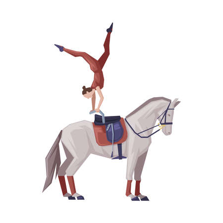 Girl Vaulting on Horse, Girl Gymnast Doing Tricks on Horse Vector Illustrationのイラスト素材