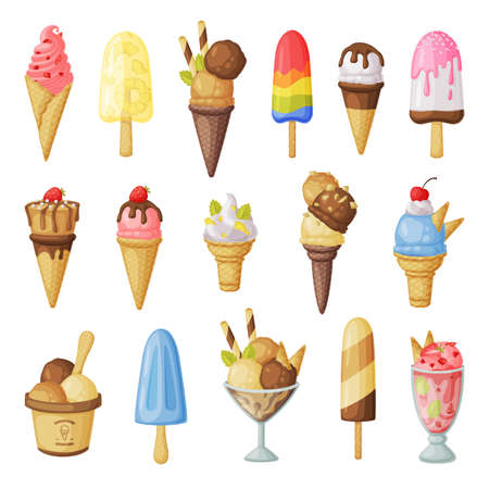Ice Creams Set, Sweet Tasty Desserts, Ice Cream Waffle Cones,   Different Toppings Cartoon Vector Illustrationのイラスト素材