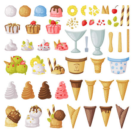 Ice Cream Constructor Big Set, Fresh Cold Sweet Tasty Desserts Cartoon Vector Illustrationのイラスト素材