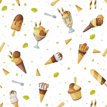 Ice Cream Seamless Pattern, Fresh Cold Summer Tasty Desserts Background, Wallpaper, Textile, Packaging Design Cartoon Vector Illustrationのイラスト素材