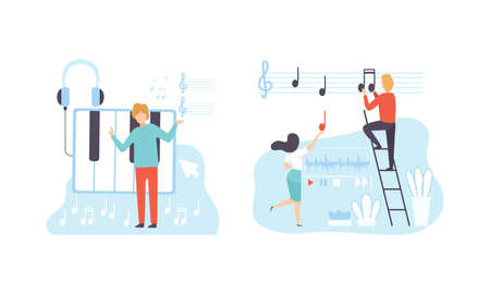 People Creating Musical Content, Social Media Marketing, People Working on SEO Optimization, Digital Content Flat Vector Illustrationのイラスト素材