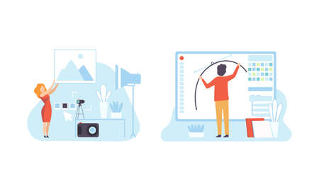 People Creating Digital Content, Technology Process of Software Development, Social Media Marketing Flat Vector Illustrationのイラスト素材