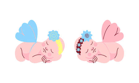 Set of Cute Newborn Babies with Wings Sleeping on Isolated on White Backgroundのイラスト素材