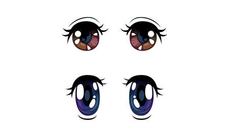 Beautiful Brown and Violet Eyes with Shiny Light Reflections Set, Cute Expressive Eyes in Anime Manga Style Cartoon Vector Illustrationのイラスト素材